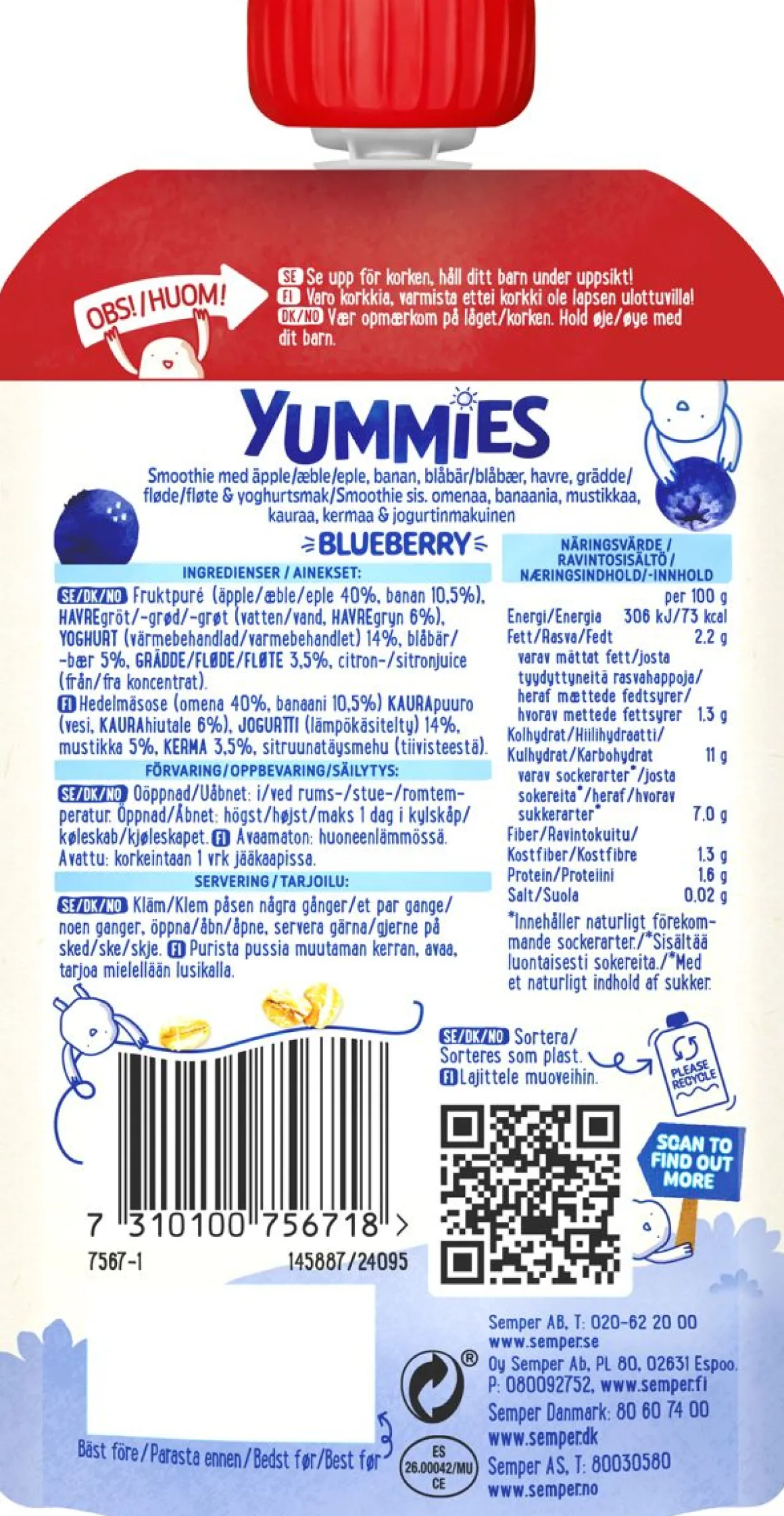 SEMPER SEMPER YUMMIES SMOOTHIE 1-3V MUSTIKKA 120 G