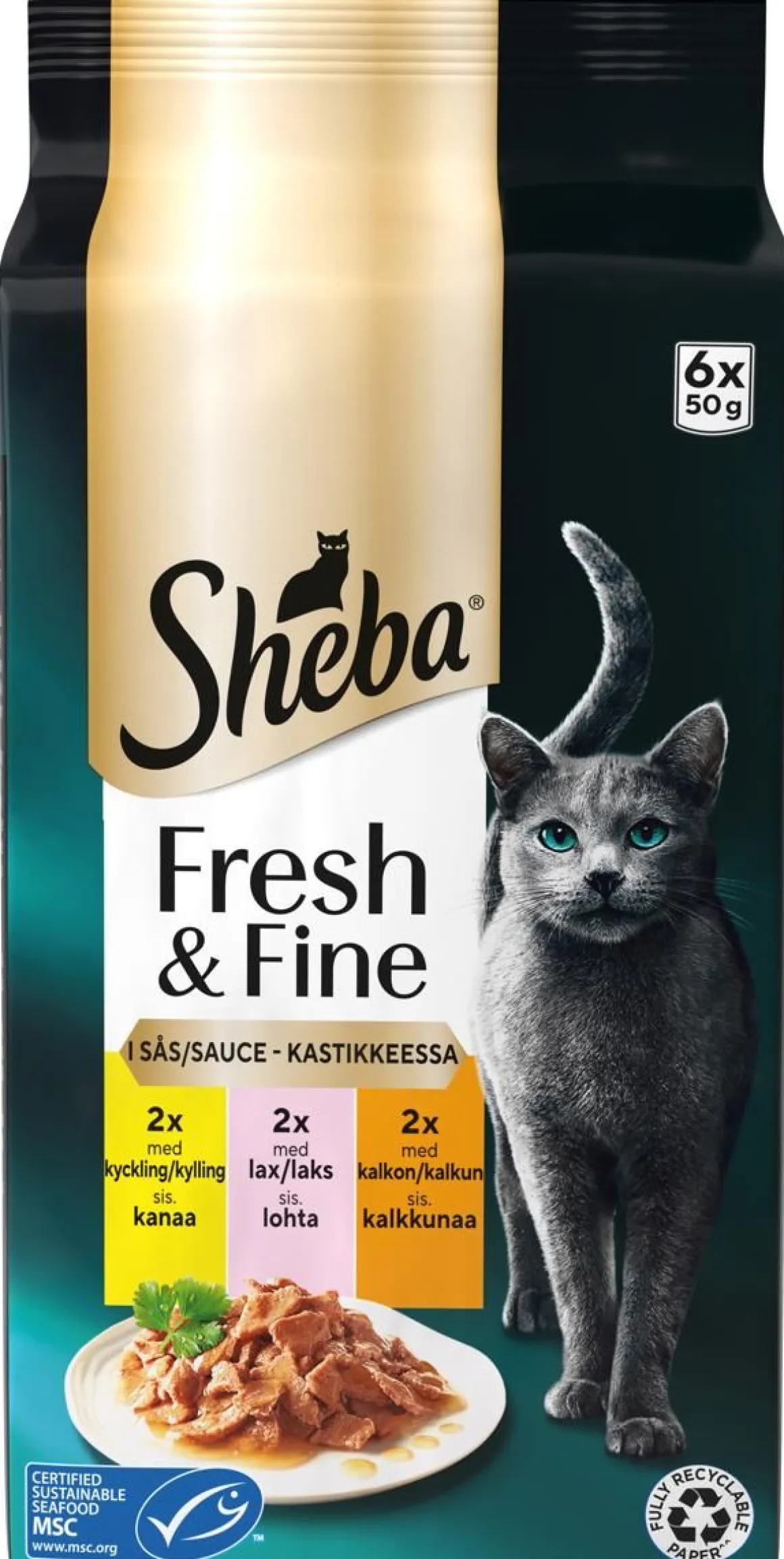 SHEBA ANNOSP. FRESH&FINE 6*50G SEKOITUS KANAA, KALKKUNAA JA LOH 30