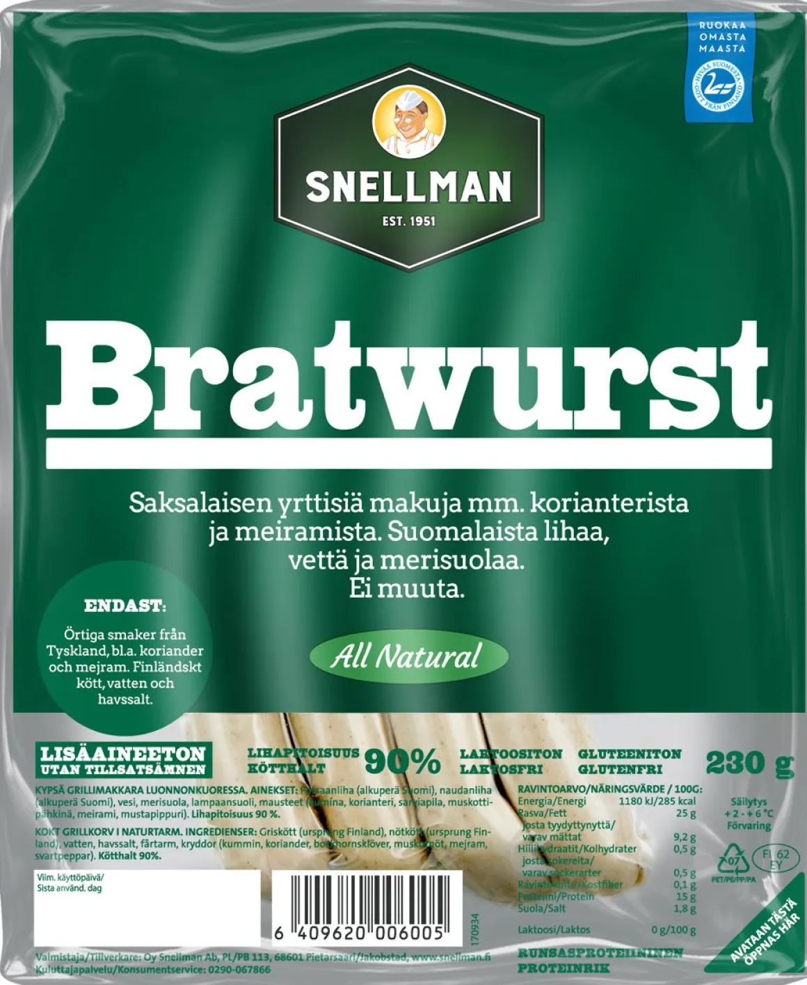 SNELLMAN ALL NATURAL BRATWURST 230 G