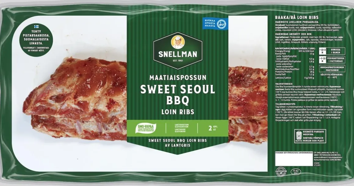 SNELLMAN MAATIAISPOSSUN LOIN RIBS SWEET BBQ 2KPL N. 1,1KG