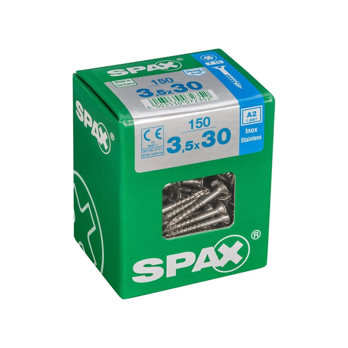 SPAX RUUVI TORX UPPOKANTA A2 RST TERÄS, OSAKIERRE 3,5X30 L 150KPL