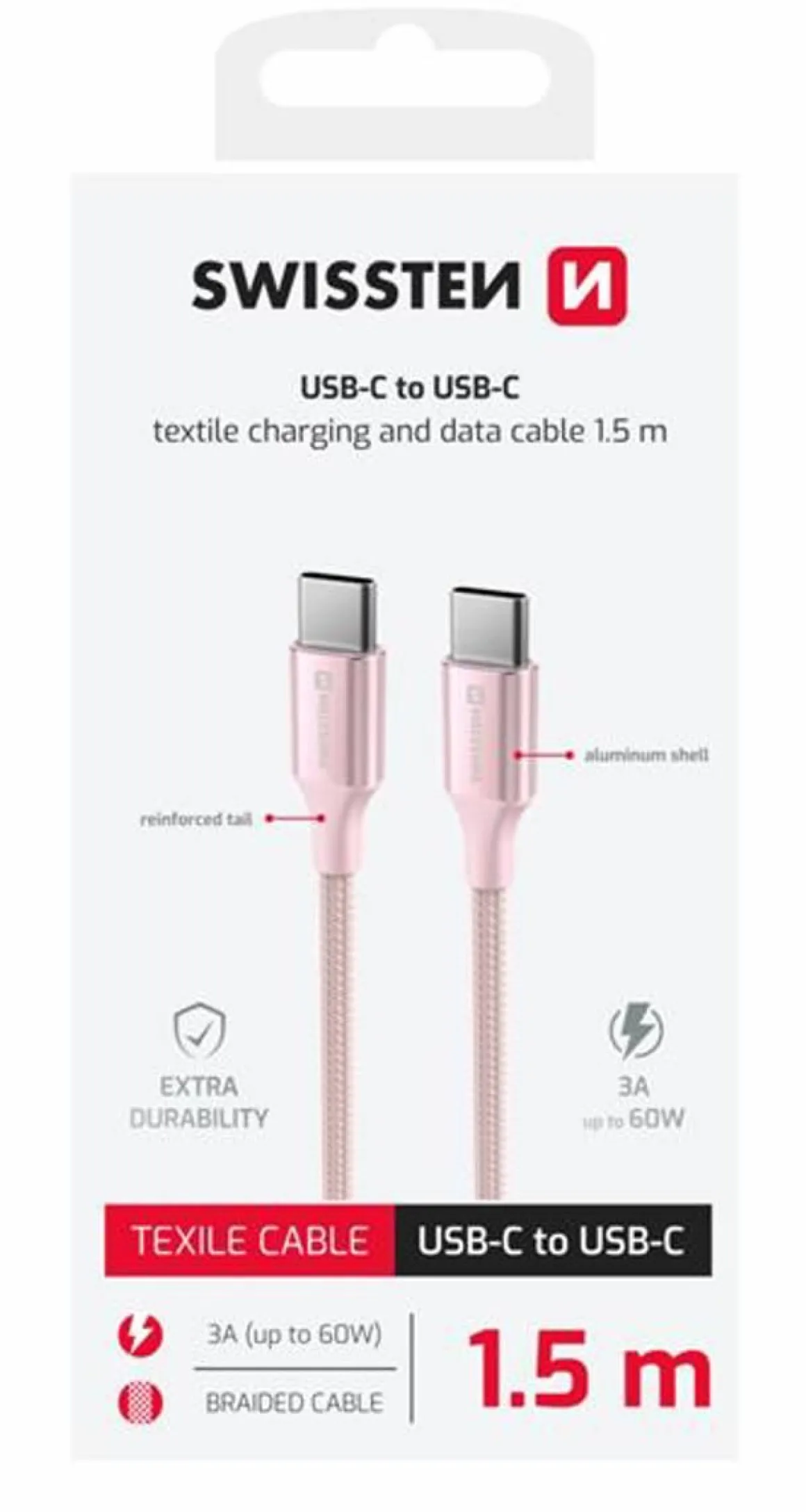 SWISSTEN USB-C-USB-C KAAPELI 1,5M PINKKI