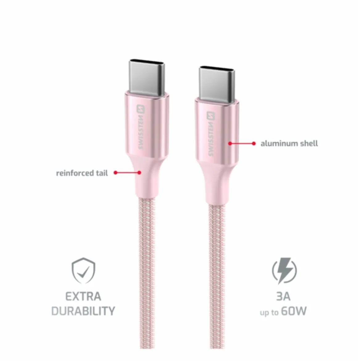 SWISSTEN USB-C-USB-C KAAPELI 1,5M PINKKI