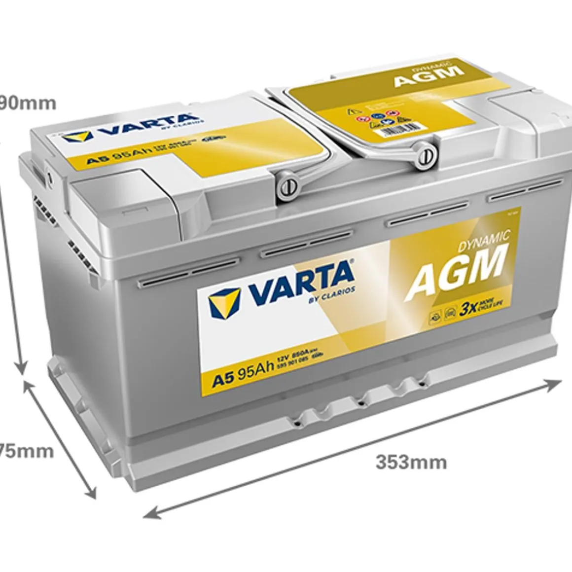 VARTA SILVER DYNAMIC KÄYNNISTYSAKKU AGM XEV 95AH 353X175X190MM -/+ 850A