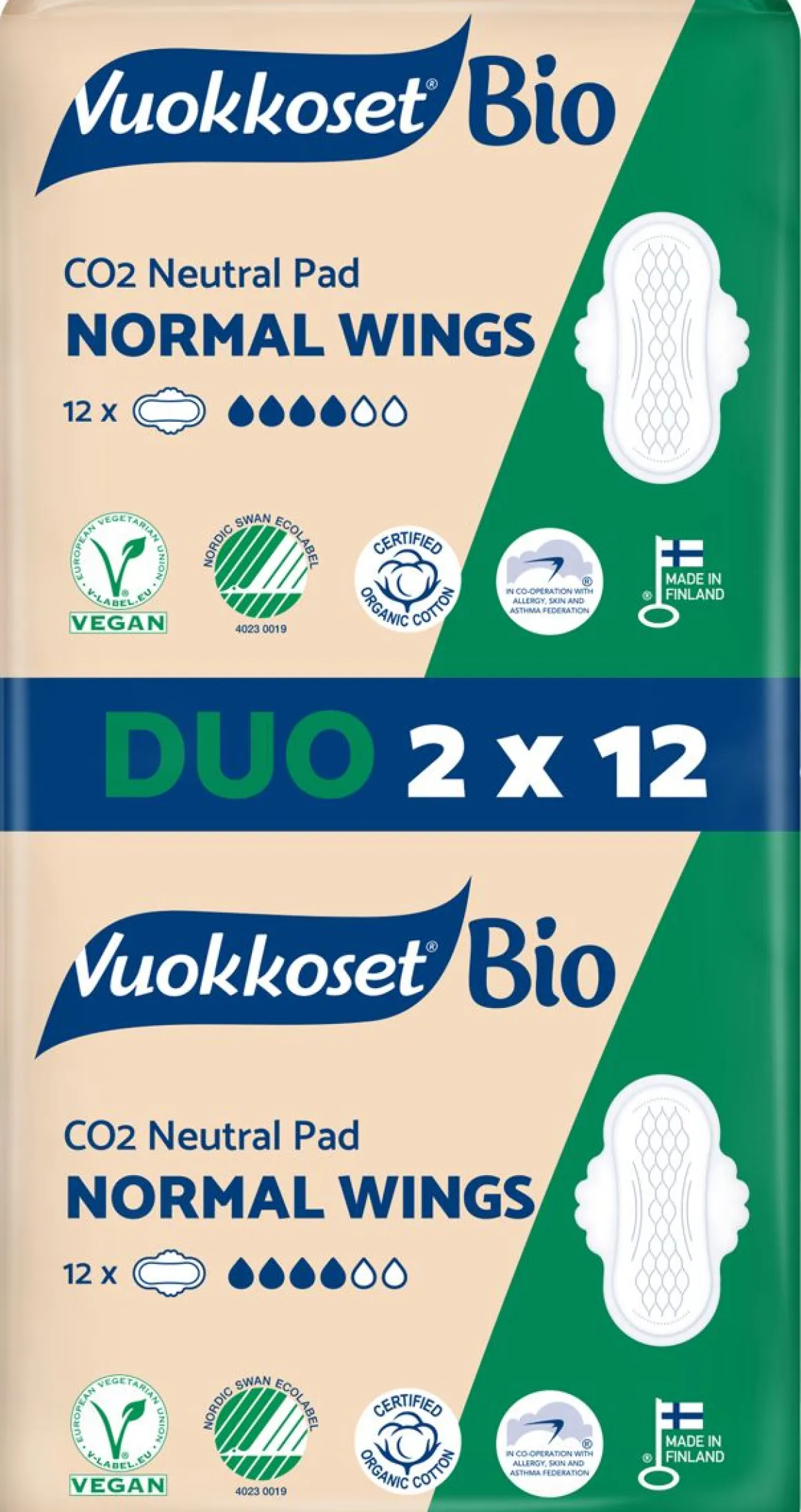 VUOKKOSET 100% BIO 2X12 DUO WINGS NORMAL 24 KPL