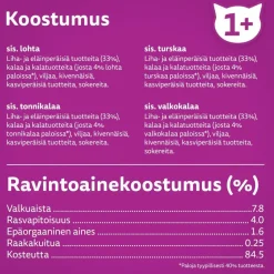 WHISKAS 1+ KALASUOSIKIT HYYTELÖSSÄ 12*85G 1,02 KG