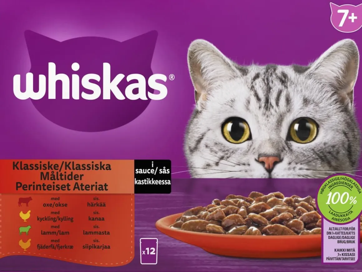 WHISKAS 7+ PERINTEISET ATERIAT KASTIKKEESSA 12*85G 1,02 KG