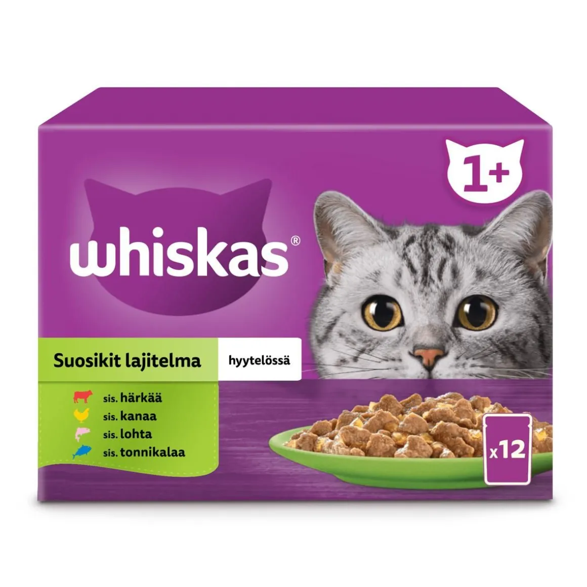 WHISKAS 1+ SUOSIKIT LAJITELMA HYYTELÖSSÄ 12*85G 1,02 KG