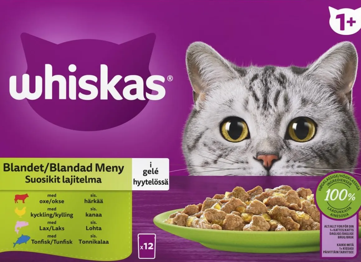WHISKAS 1+ SUOSIKIT LAJITELMA HYYTELÖSSÄ 12*85G 1,02 KG