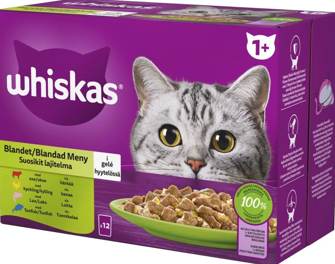 WHISKAS 1+ SUOSIKIT LAJITELMA HYYTELÖSSÄ 12*85G 1,02 KG