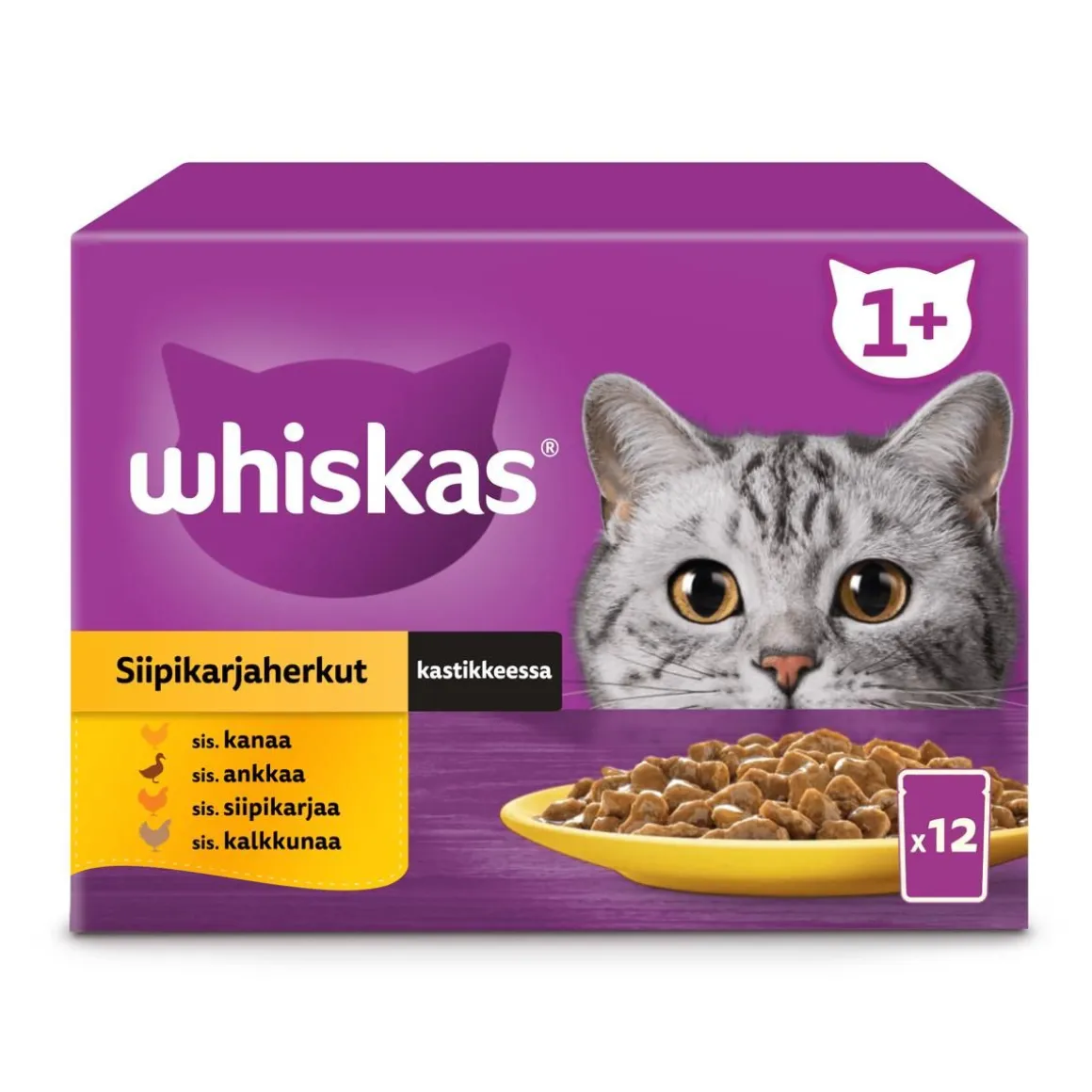 WHISKAS 1+ SIIPIKARJAHERKUT KASTIKKEESSA 12*85G 1,02 KG